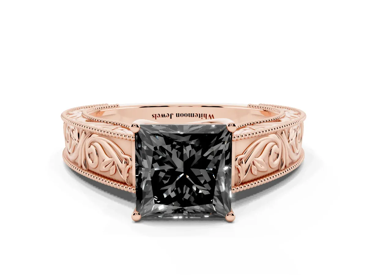 Fancy Black Princess Cut Diamond Solitaire Ring with Engraved Band and Four-Prong Setting Rose gold