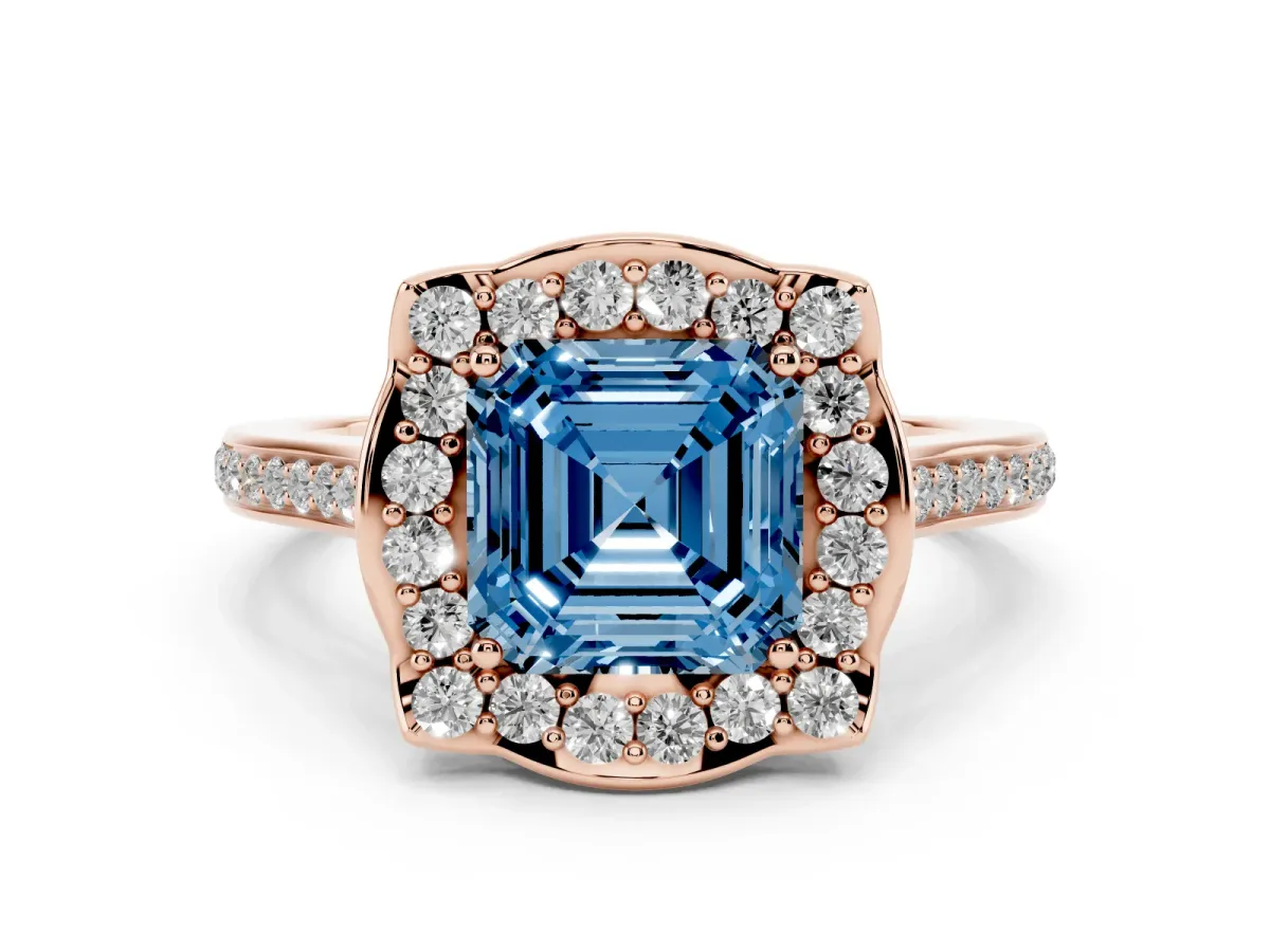 Fancy Blue Asscher Cut Halo Round Diamond Pave Band with Four-Prong Setting Rose gold