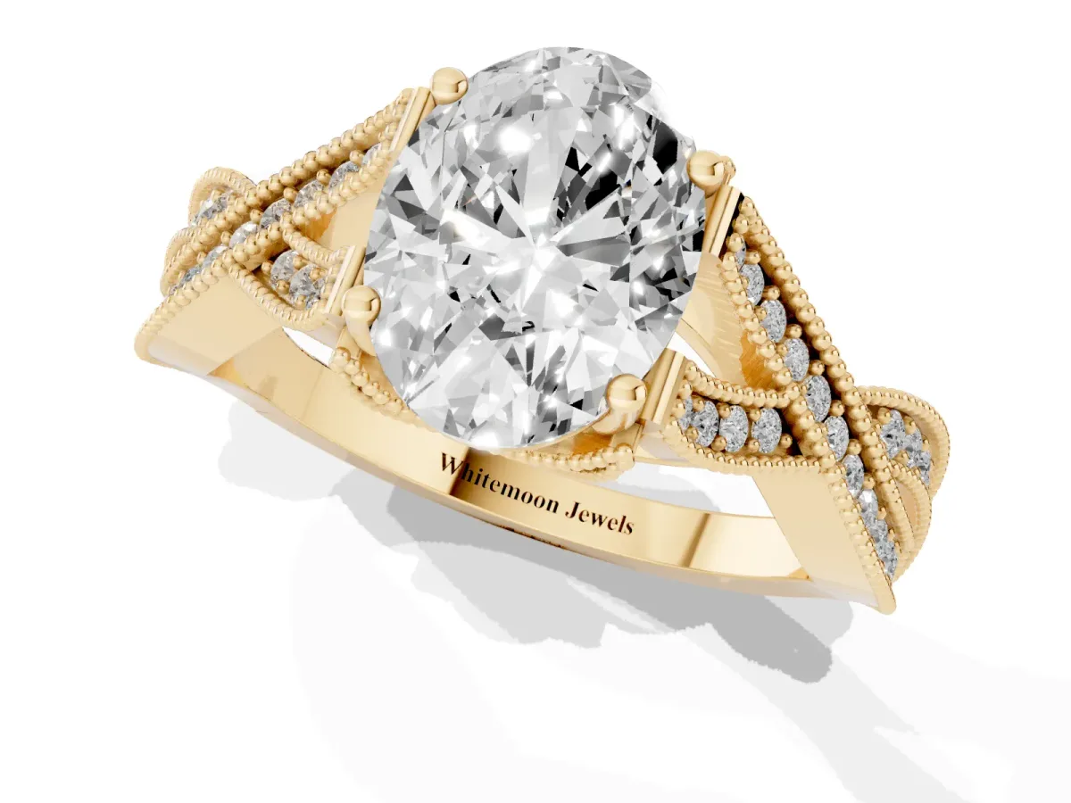 Oval Cut Cut Diamond Twisted Band with Milgrain Pave Setting and Four-Prong Setting Yellow gold