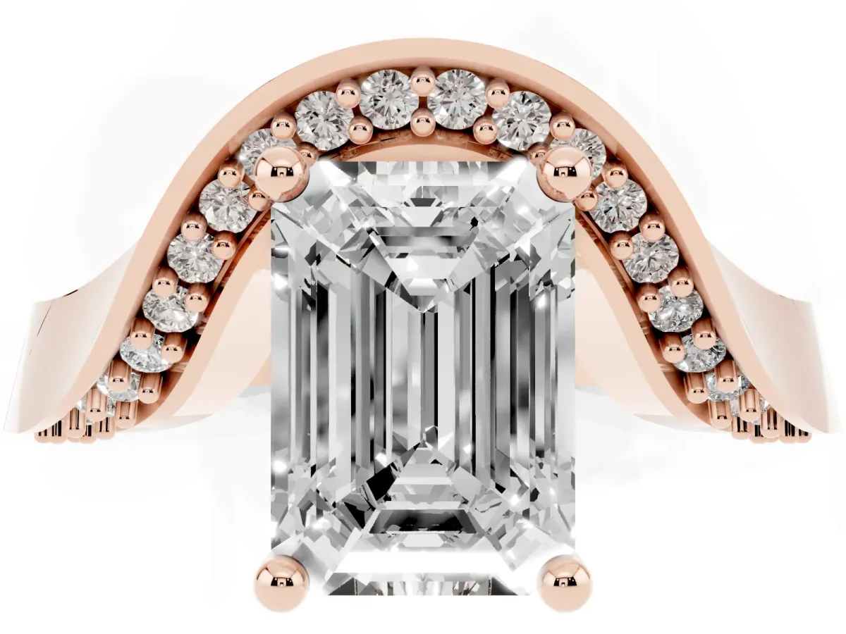 Emerald Cut Solitaire Diamond Engagement Ring with Pave Band and Four-Prong Setting Rose gold