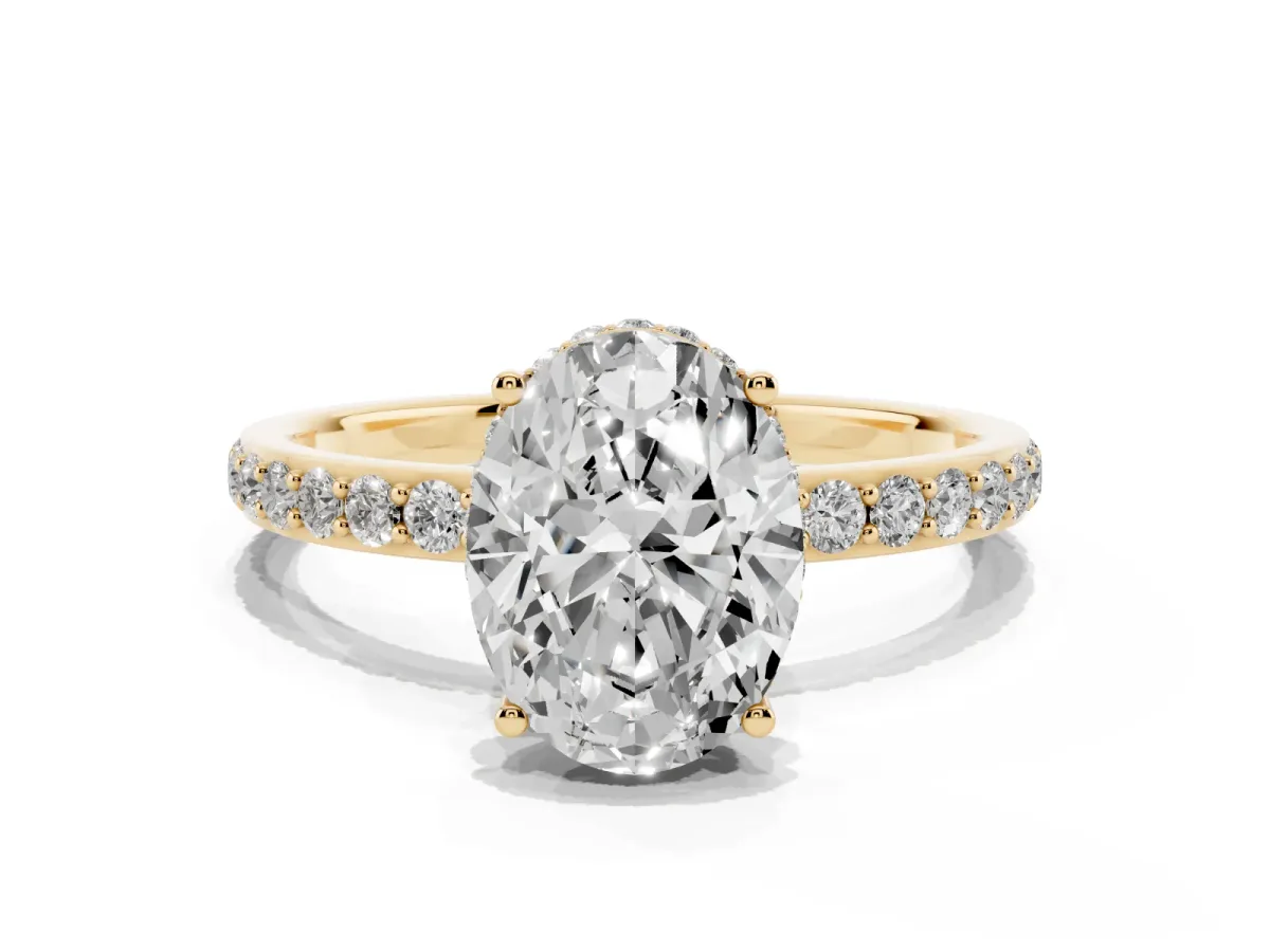 Oval Cut Diamond Solitaire Ring with Pavé Band and Hidden Halo Yellow gold