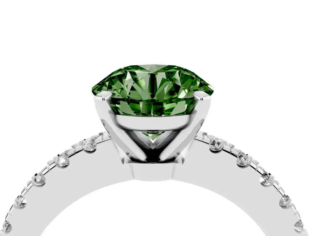 Fancy Green Round Cut Solitaire Diamond with Pavé Band and Four-Prong Setting White gold