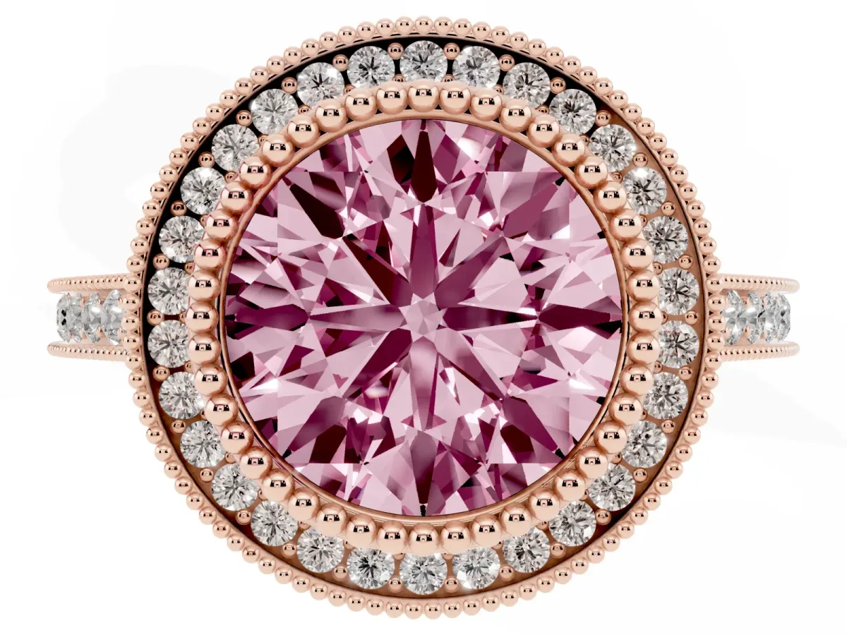 Fancy Pink Round Cut Diamond Halo Ring with Milgrain Frame and Pavé Band Rose gold
