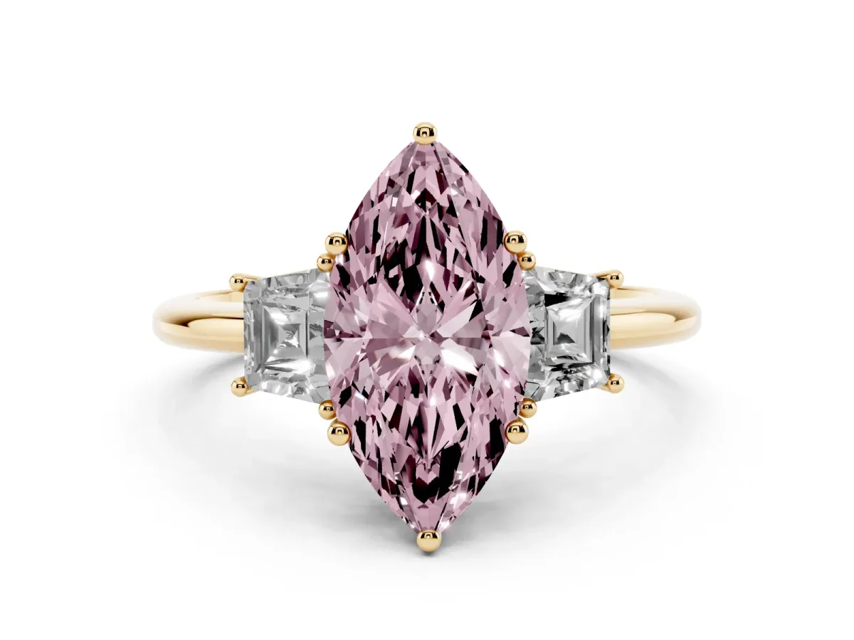 Fancy Pink Marquise Cut Diamond Three-Stone Ring with Trapezoid Side Stones and Prong Setting Yellow gold