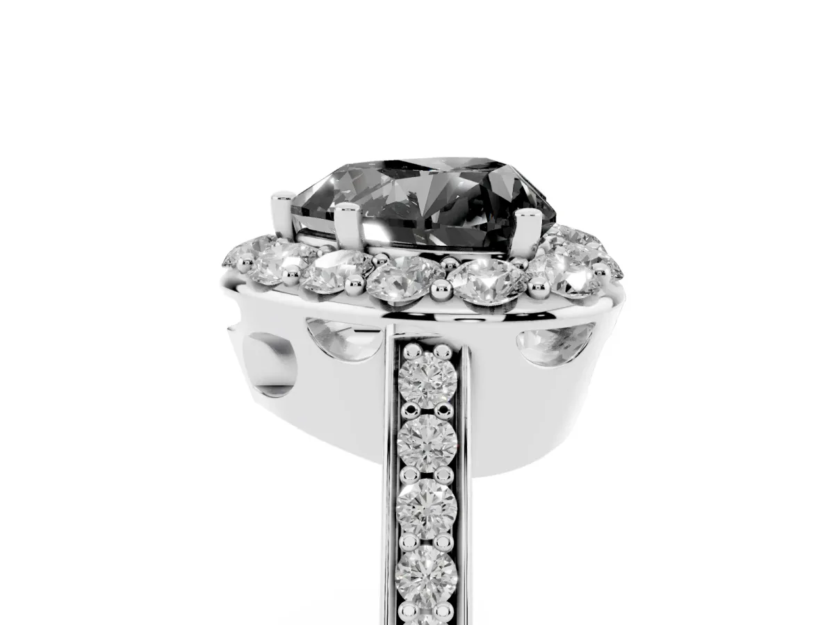 Fancy Black Heart Cut Diamond Floral Halo Ring with Pavé Band and Prong Setting White gold