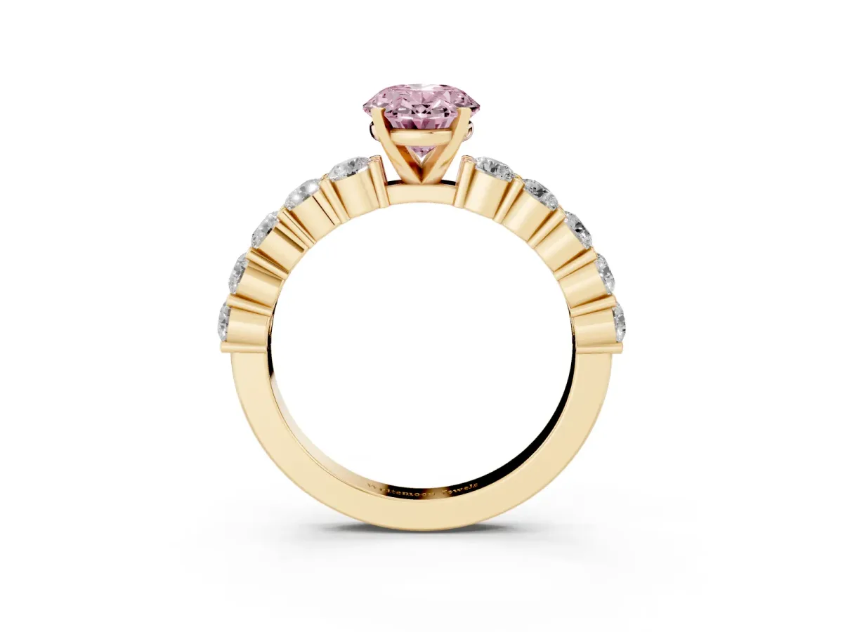 Fancy Pink Oval Cut Diamond Solitaire Ring with Shared Prong Round Side Stones Yellow gold