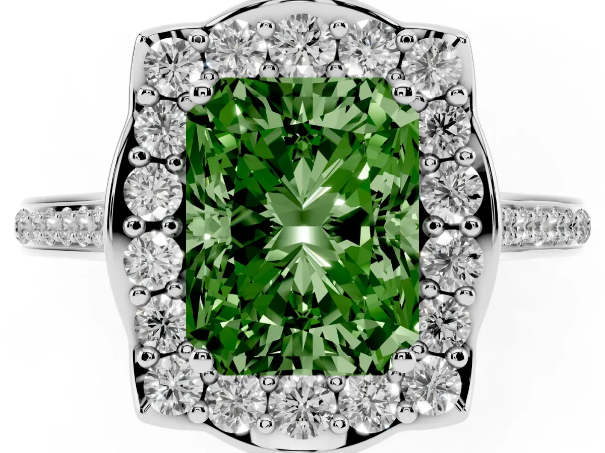 Fancy Green Radiant Cut Halo Round Diamond Pave Band with Four-Prong Setting Silver
