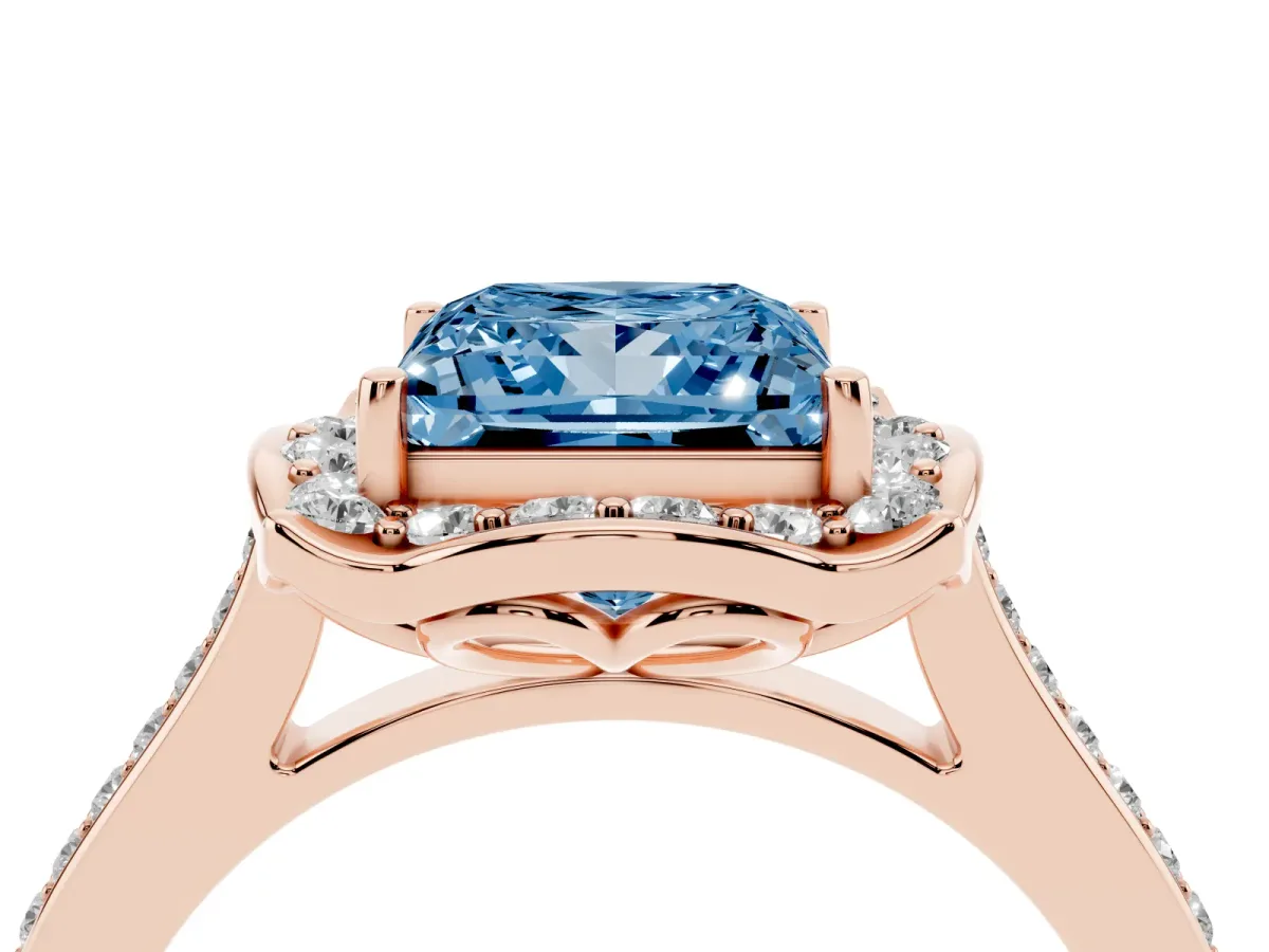 Fancy Blue Princess Cut Halo Round Diamond Pave Band with Four-Prong Setting Rose gold