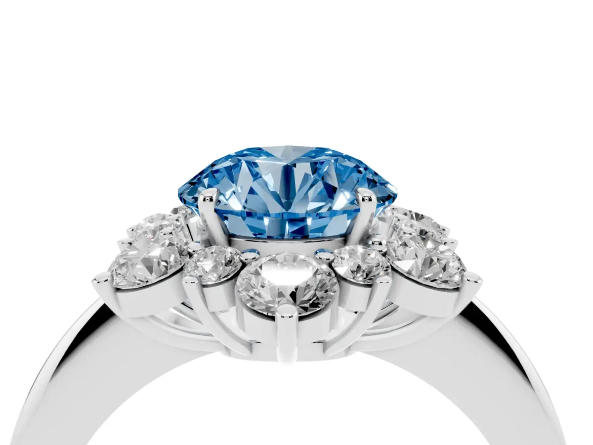 Fancy Blue Round Cut Diamond Cluster Halo Ring with Solitaire Band and Four-Prong Setting Silver