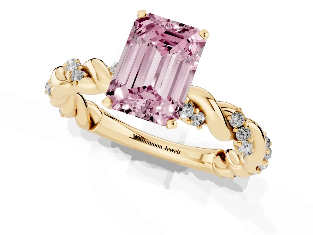 Fancy Pink Emerald Cut Diamond Solitaire Ring with Twisted Band and Pavé Accents Yellow gold