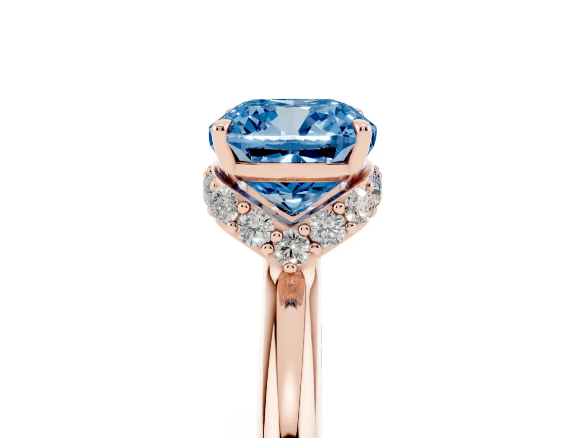 Fancy Blue Cushion Cut Brilliant Solitaire Engagement Ring with Six-Prong Setting and Classic Band Rose gold