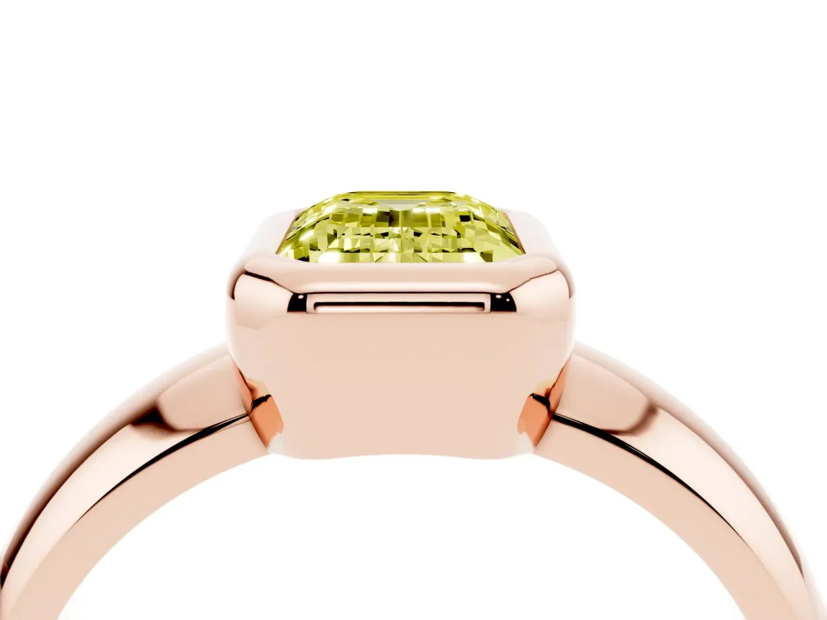 Fancy Yellow Bezel Set Emerald Cut Solitaire Ring with Wide Band Rose gold