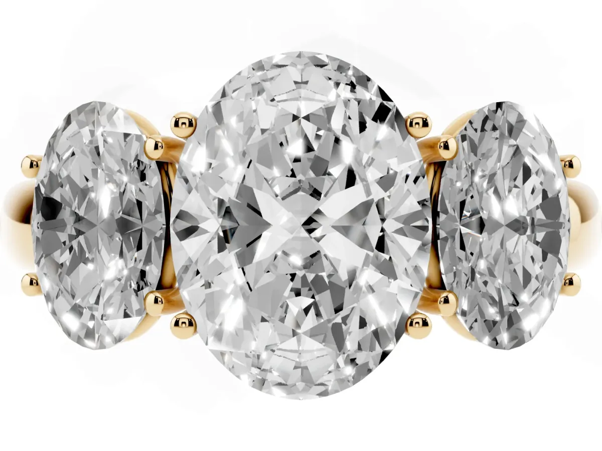 Oval Cut Diamond Three-Stone Ring with Four-Prong Setting and Classic Band Yellow gold