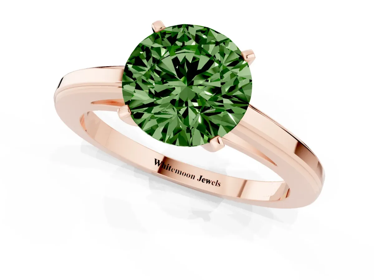 Fancy Green Round Cut Solitaire Diamond Ring with Four-Prong Setting and Classic Band Rose gold