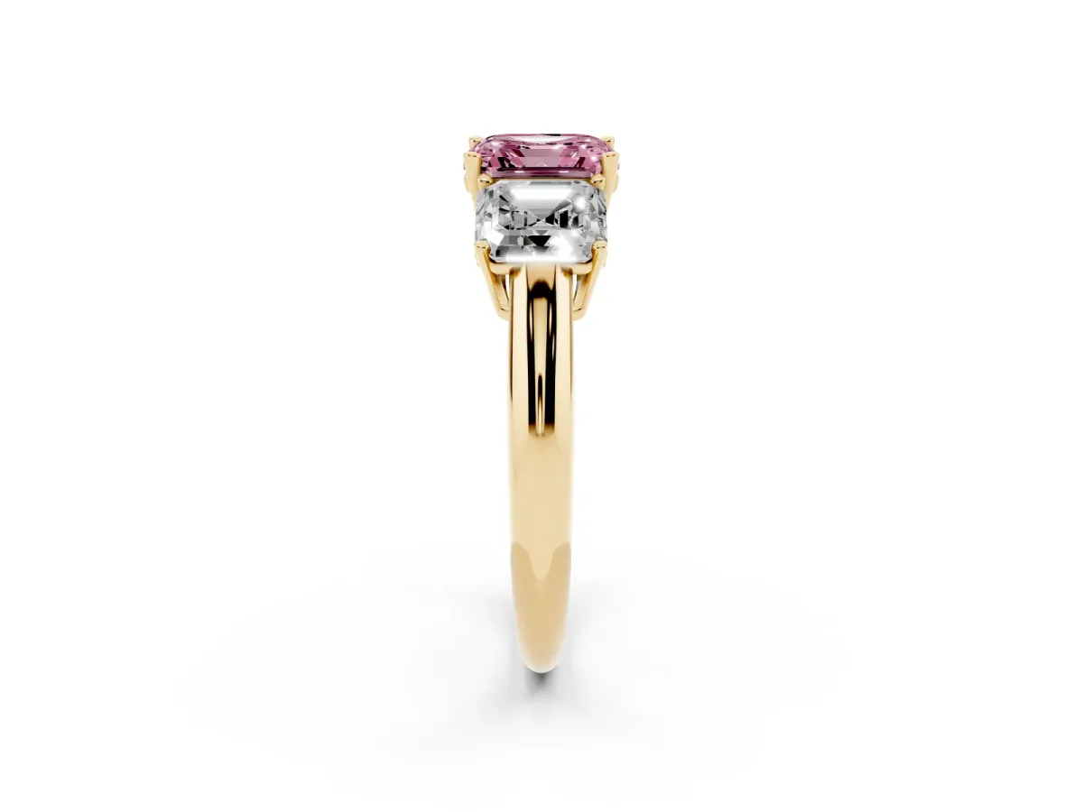 Fancy Pink Three-Stone Asscher Cut Cut Diamond Engagement Ring with Prong Setting on a White Gold Band Yellow gold