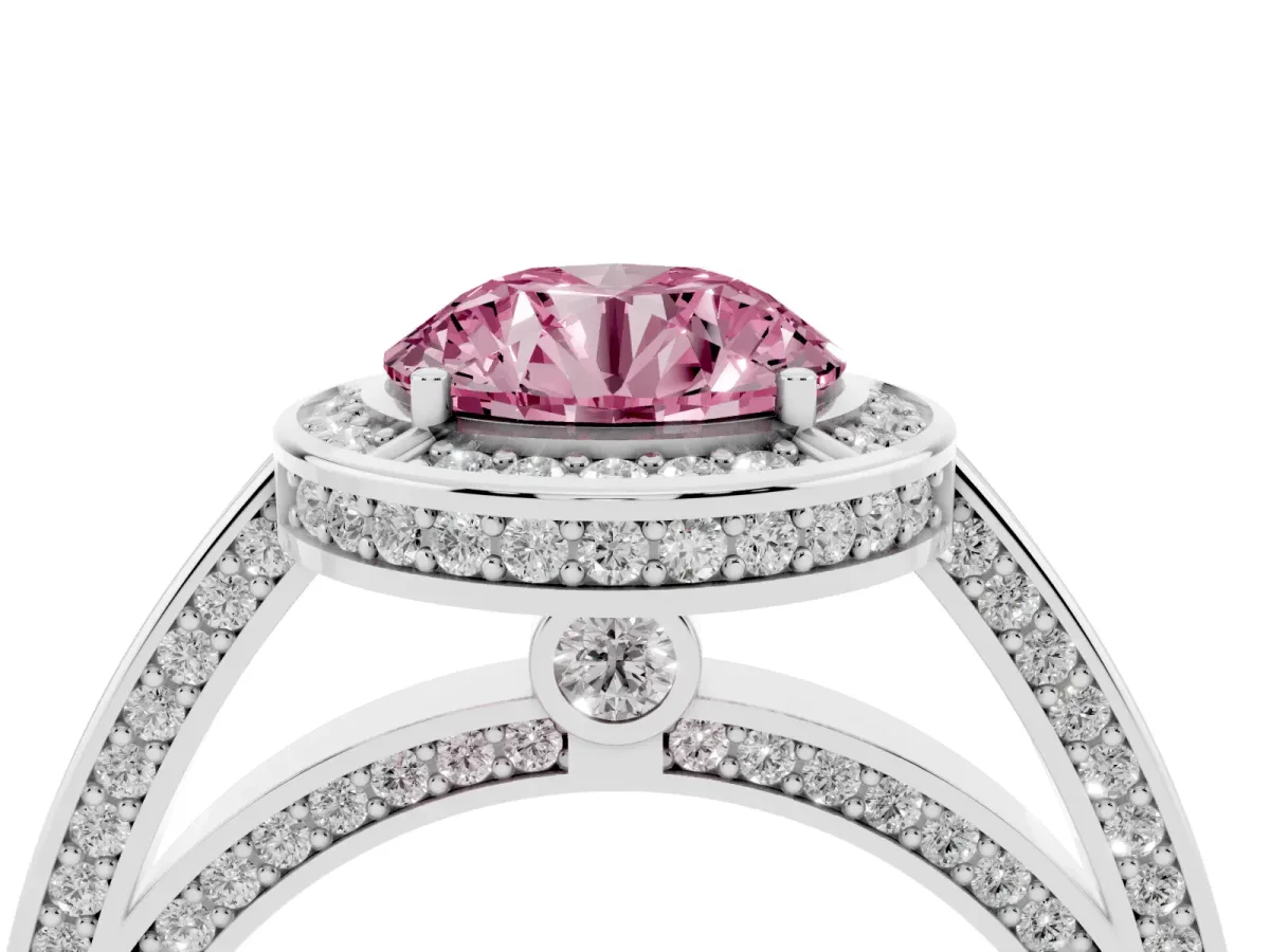 Fancy Pink Round Cut Cut Halo Pave Split Shank Prong Setting Ring White gold