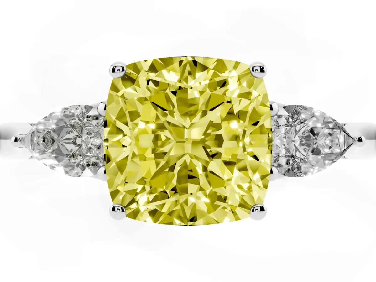 Fancy Yellow Three-Stone Cushion Cut Diamond Ring with Pear Side Stones in Four-Prong Setting Silver