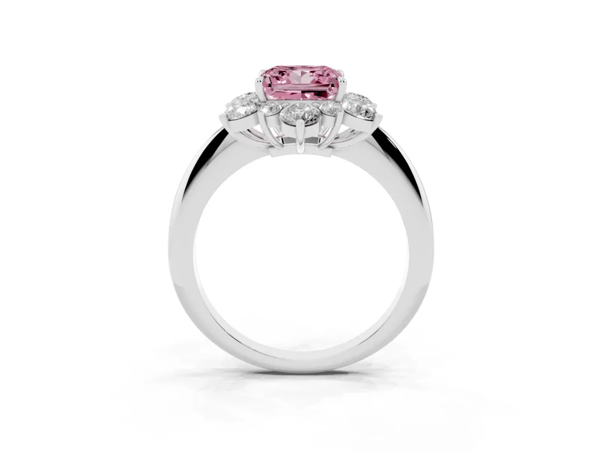 Fancy Pink Princess Cut Diamond Cluster Halo Ring with Solitaire Band and Four-Prong Setting Platinum