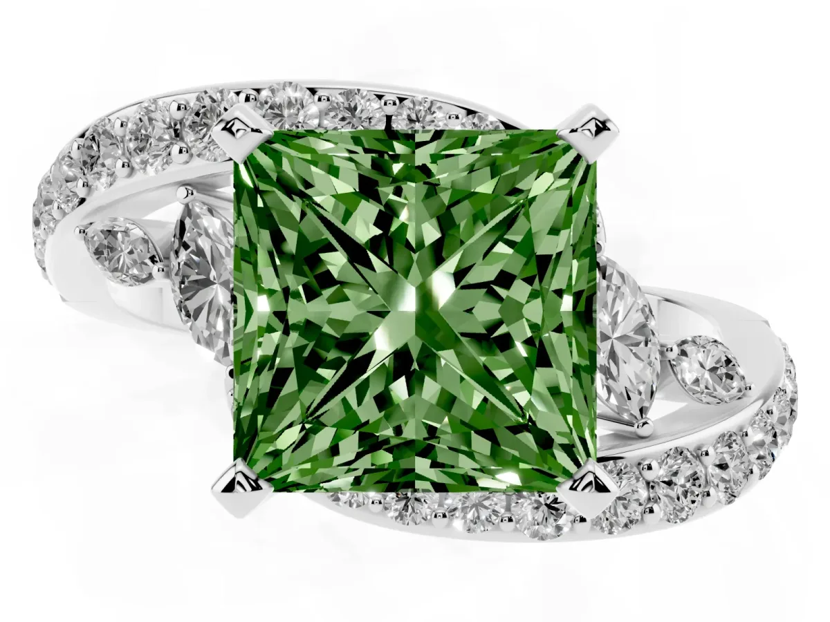 Fancy Green Princess Cut Solitaire with Pavé Twist Band and Four-Prong Setting Platinum