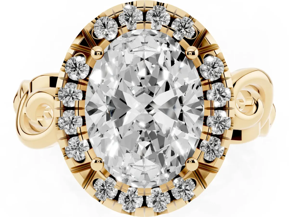 Oval Cut Cut Halo Diamond Ring with Scrollwork Band and Four-Prong Setting Yellow gold