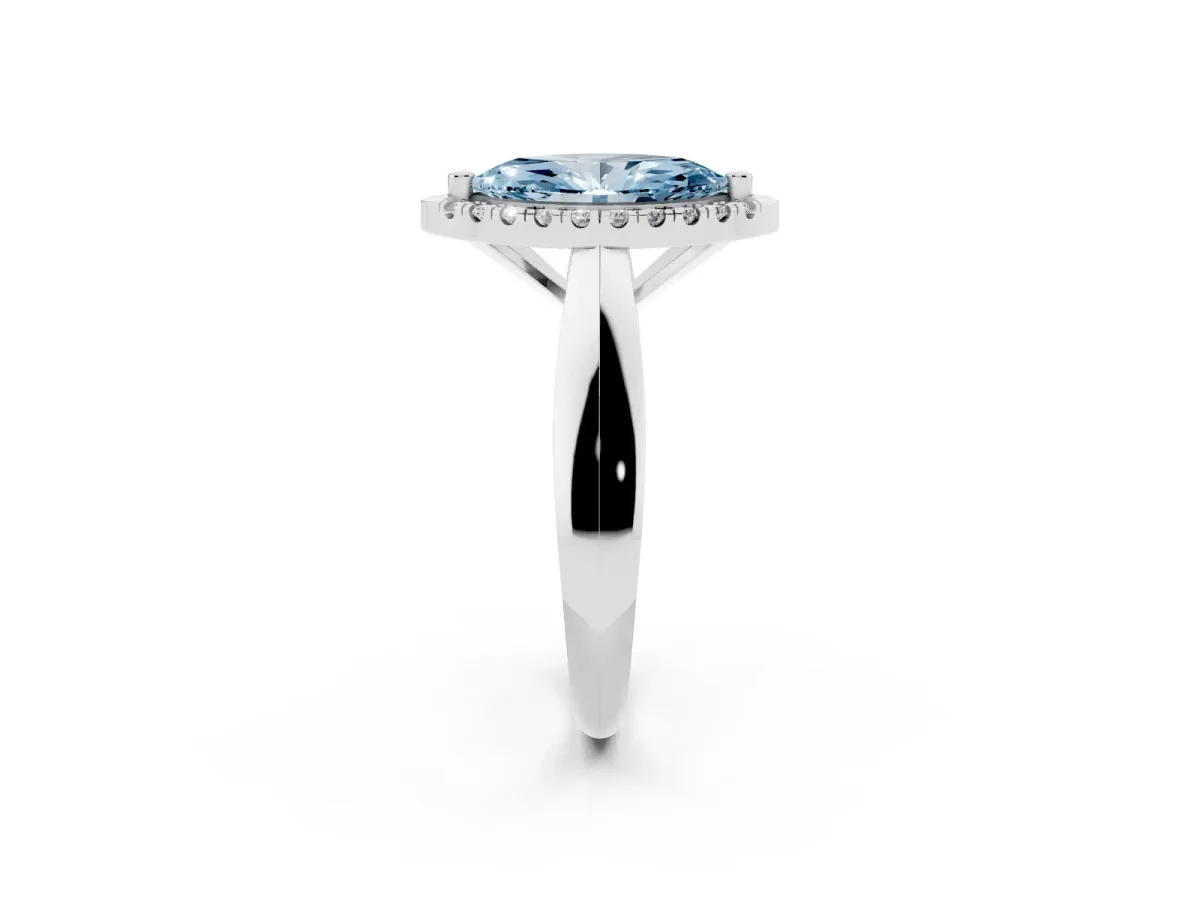 Fancy Blue Marquise Cut Cut Halo Solitaire Engagement Ring with Square Band and Four-Prong Setting White gold
