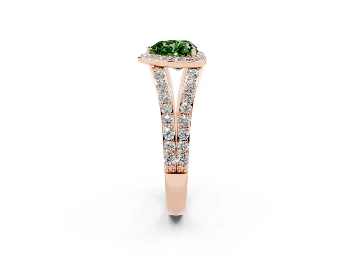 Fancy Green Heart Cut Diamond Split Shank Halo Ring with Four-Prong Setting Rose gold