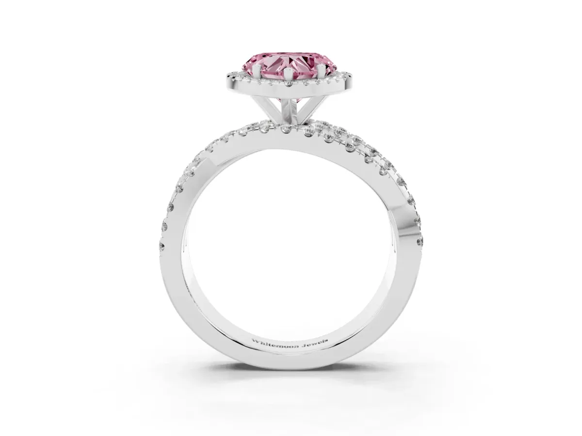 Fancy Pink Heart Cut Diamond Halo Ring with Round Split Shank and Prong Setting Platinum