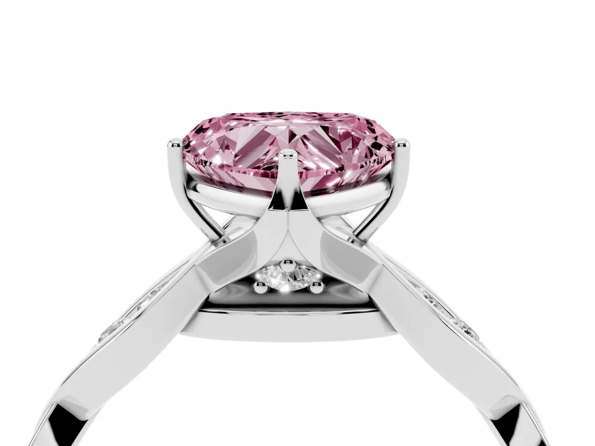 Fancy Pink Heart Cut Solitaire Twist Band with Leaf Prong Setting Platinum
