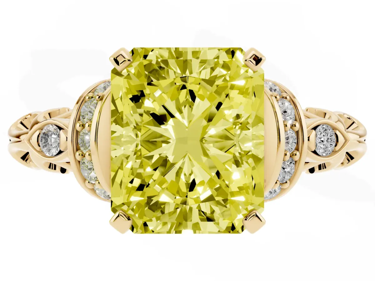 Fancy Yellow Radiant Cut Diamond Solitaire Ring with Filigree Band and Four-Prong Setting Yellow gold