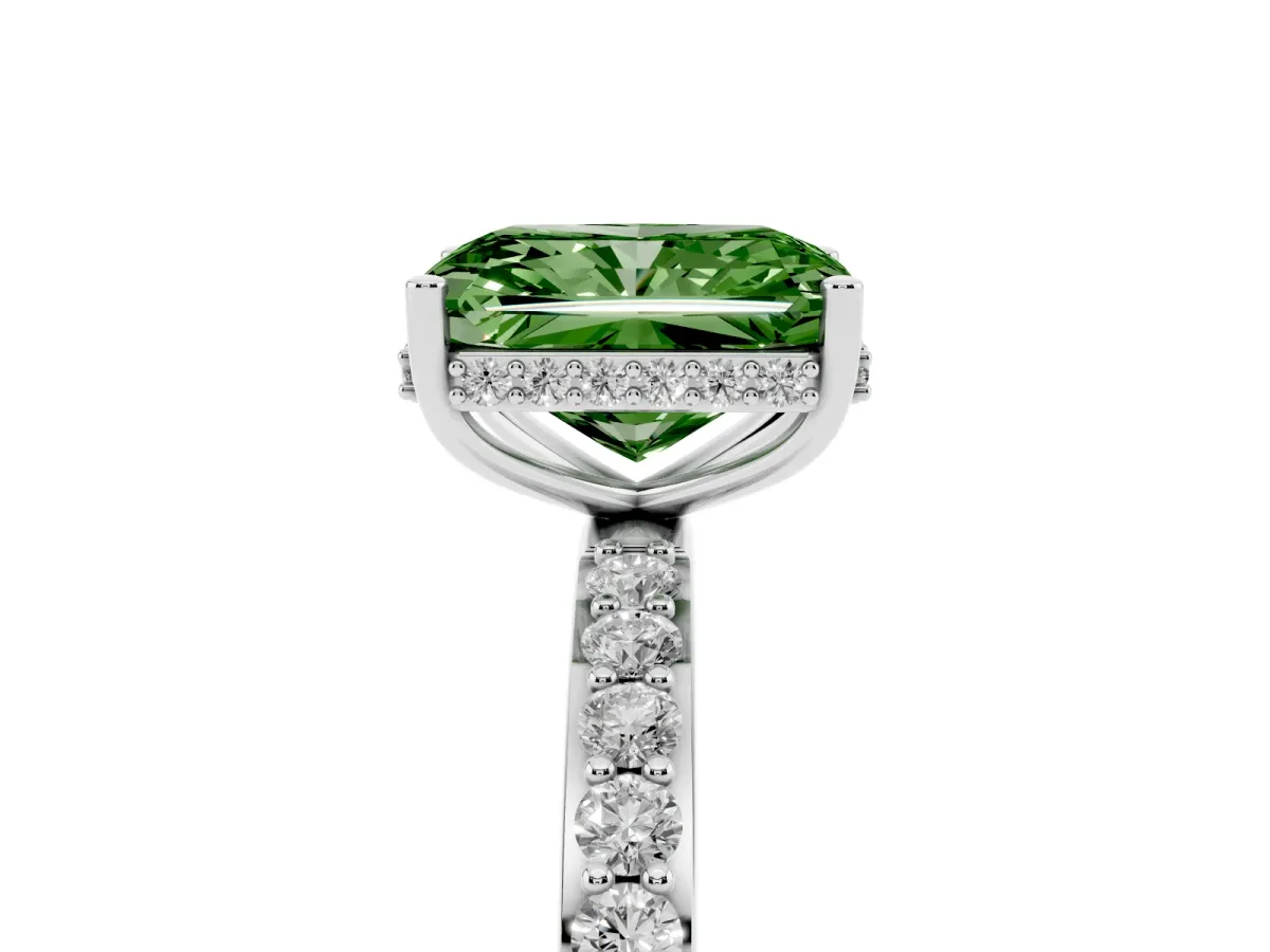 Fancy Green Radiant Cut Diamond Solitaire Ring with Pavé Band and Hidden Halo White gold
