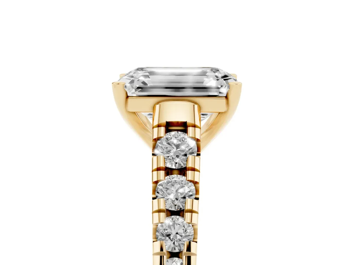 Emerald Cut Diamond Cathedral Solitaire Ring with Round Pavé Band Yellow gold