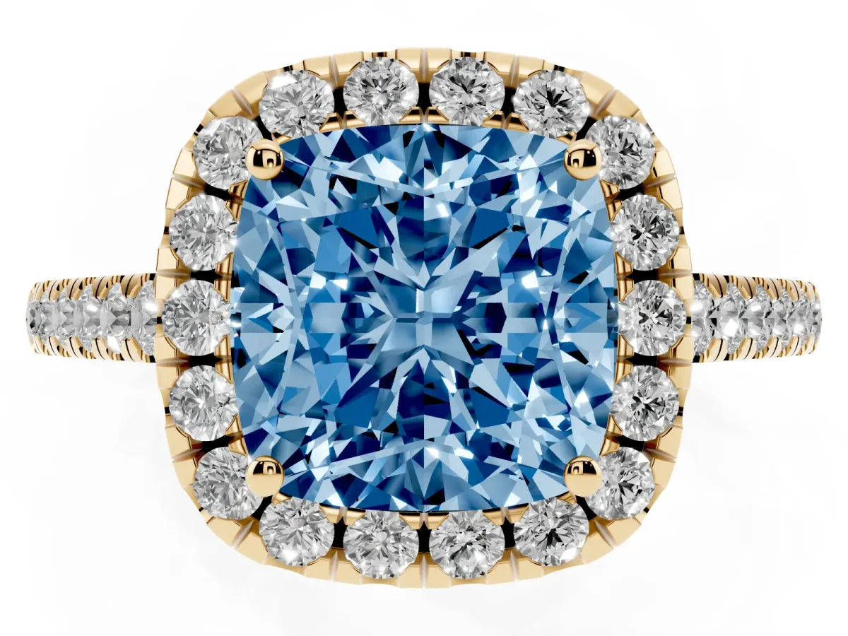 Fancy Blue Cushion Cut Halo Pavé Diamond Engagement Ring with Four-Prong Setting Yellow gold