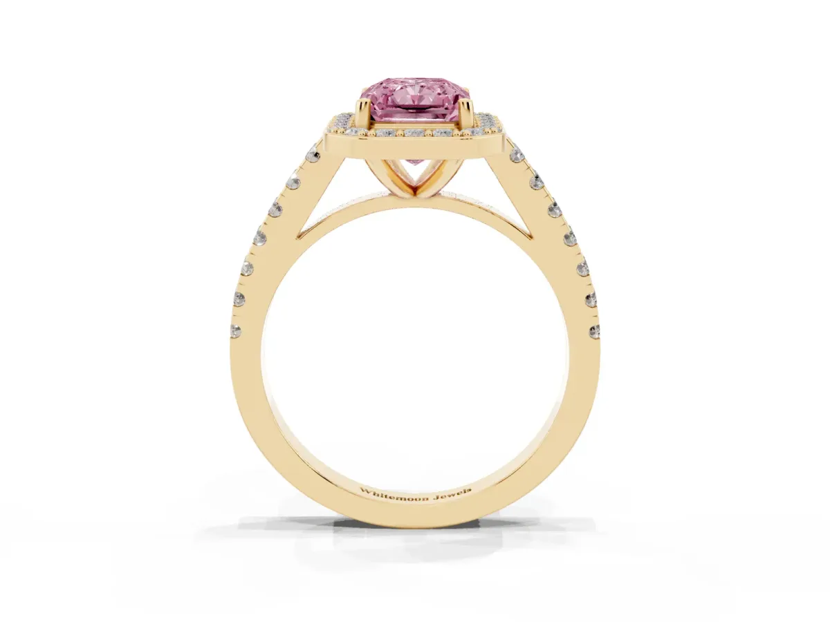 Fancy Pink Radiant Cut Diamond Halo Ring with Round Pavé Split Shank and Prong Setting Yellow gold