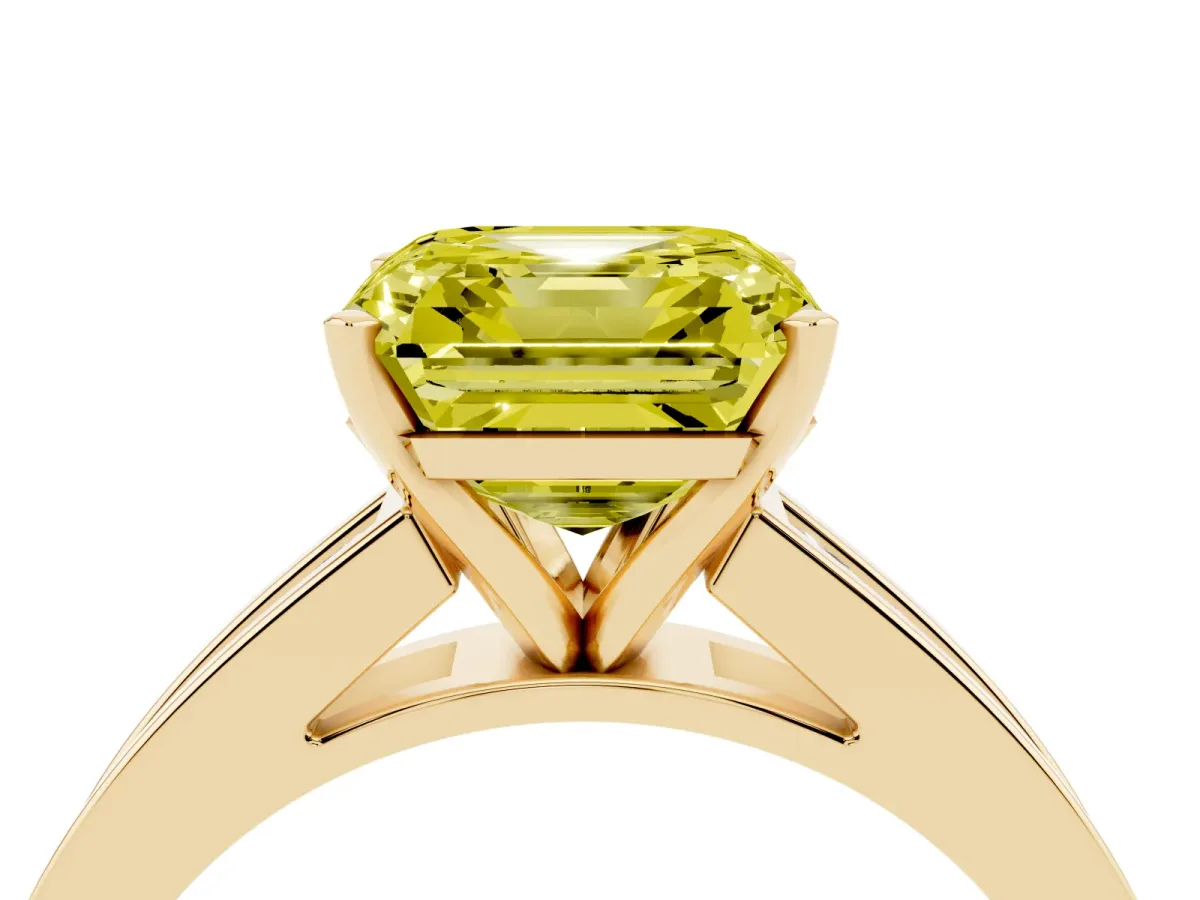 Fancy Yellow Asscher Cut Solitaire Diamond Ring with Channel-Set Band and Four-Prong Setting Yellow gold
