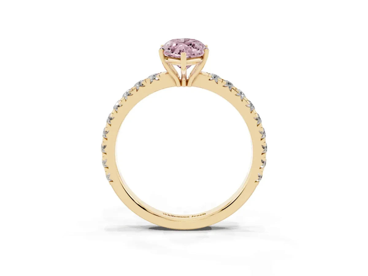 Fancy Pink Marquise Cut Diamond Pavé Solitaire Engagement Ring with Four-Prong Setting Yellow gold