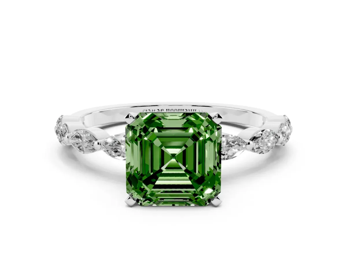 Fancy Green Asscher Cut Diamond Ring with Marquise Side Stones and Prong Setting Silver