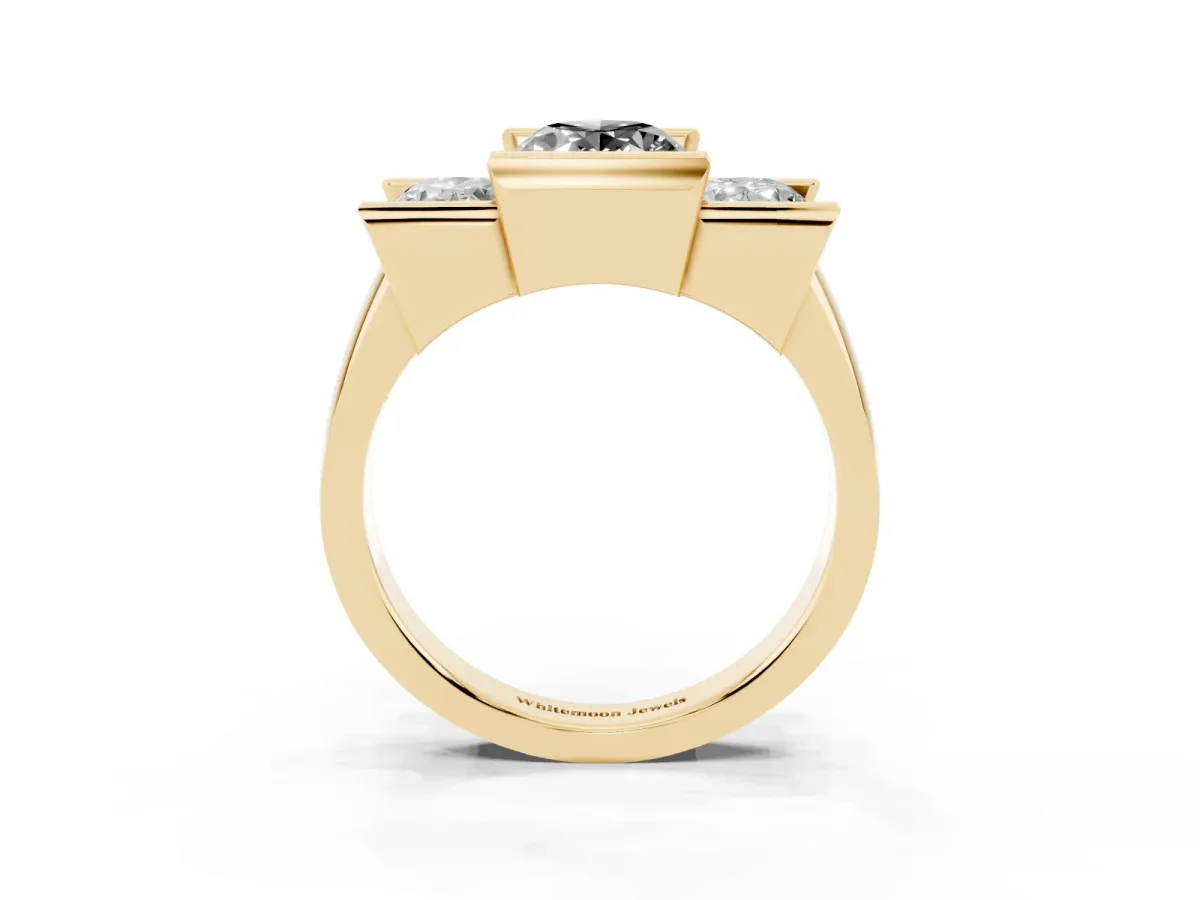 Fancy Black Three Stone Oval Cut Cut Channel Set Diamond Ring Yellow gold