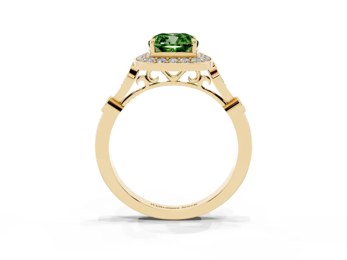 Fancy Green Cushion Cut Halo Diamond Engagement Ring with Twisted Band and Four-Prong Setting Yellow gold
