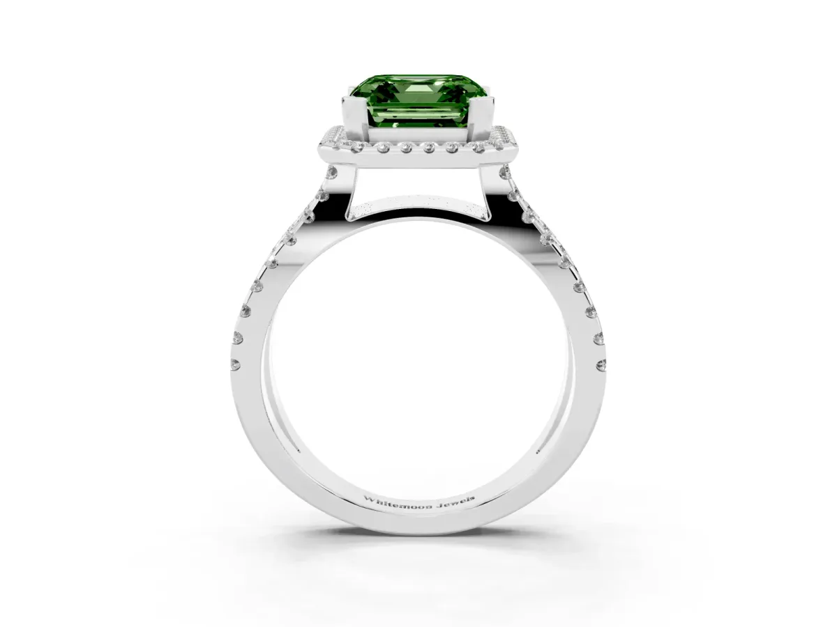 Fancy Green Asscher Cut Diamond Halo Ring with Split Shank Pavé Band and Prong Setting Silver
