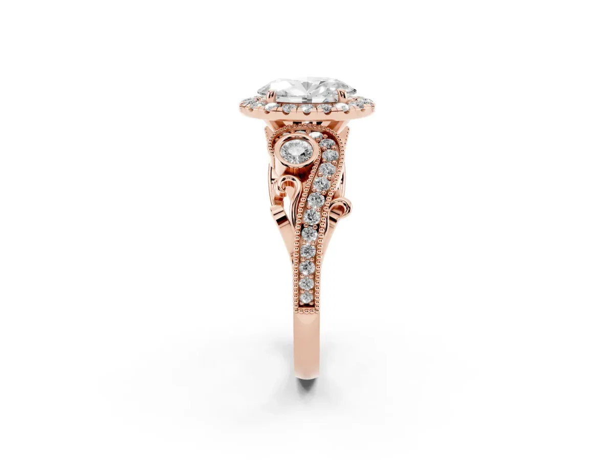 Oval Cut Diamond Halo Ring with Milgrain Pavé Band and Four-Prong Setting Rose gold