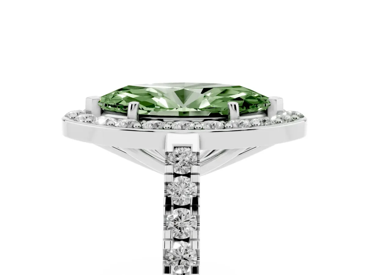Fancy Green Marquise Cut Diamond Halo Ring with Round Pavé Split Shank and Prong Setting Silver
