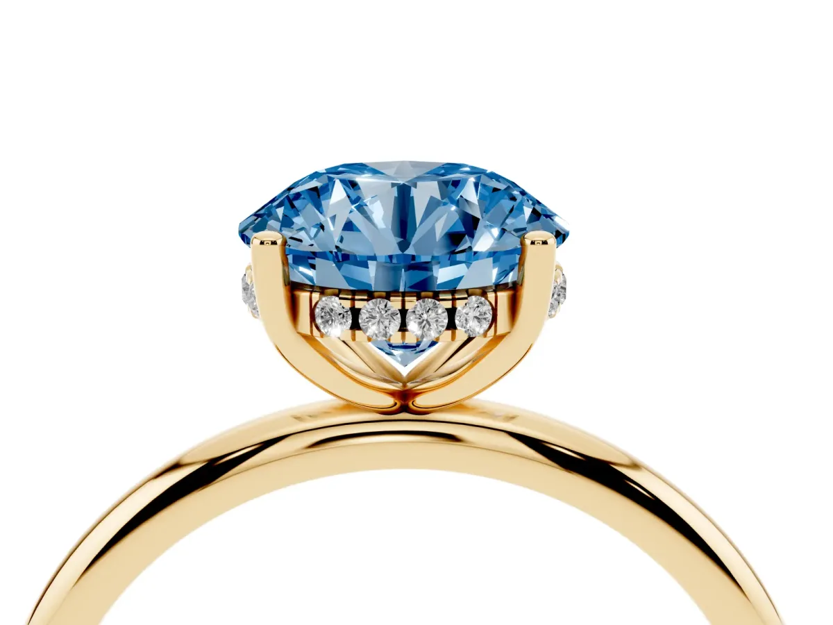 Fancy Blue Round Cut Cut Solitaire Engagement Ring with Four-Prong Setting and Classic Band Yellow gold