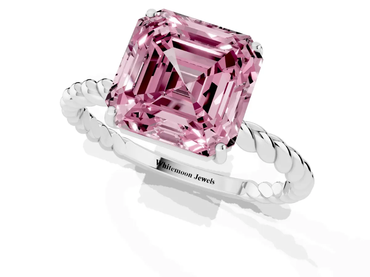 Fancy Pink Asscher Cut Solitaire Twisted Band 4-Prong Ring White gold