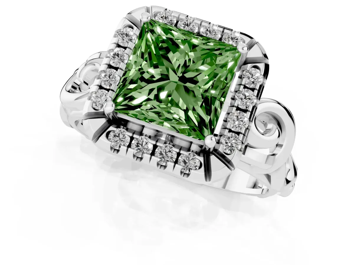 Fancy Green Princess Cut Cut Halo Diamond Ring with Scrollwork Band and Four-Prong Setting Silver