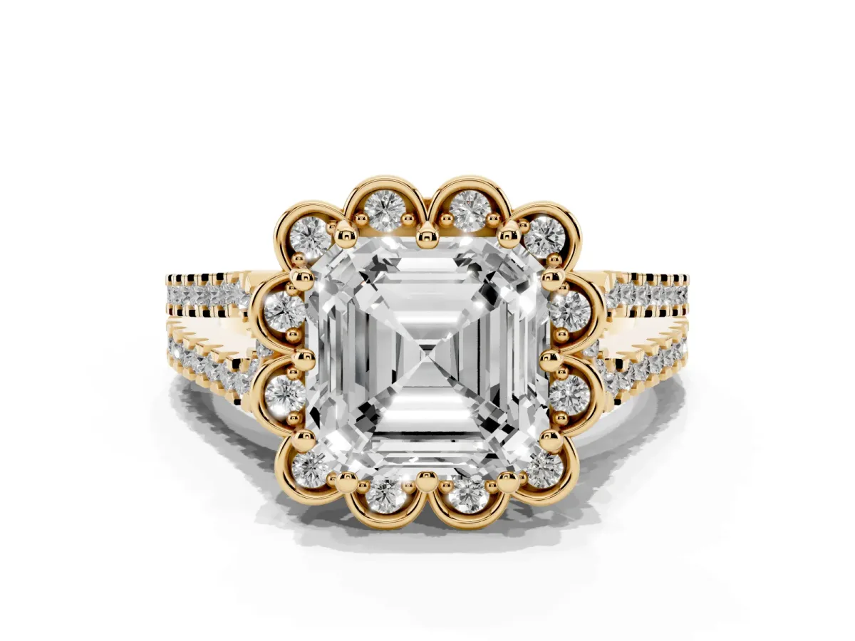 Asscher Cut Halo Diamond Floral Split Shank Engagement Ring Yellow gold