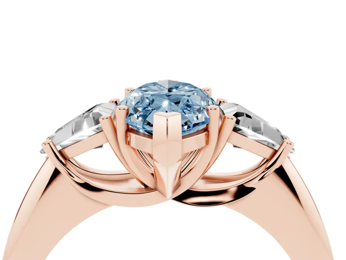 Fancy Blue Three-Stone Marquise Cut Diamond Engagement Ring with Trillion Side Stones and Prong Setting Rose gold