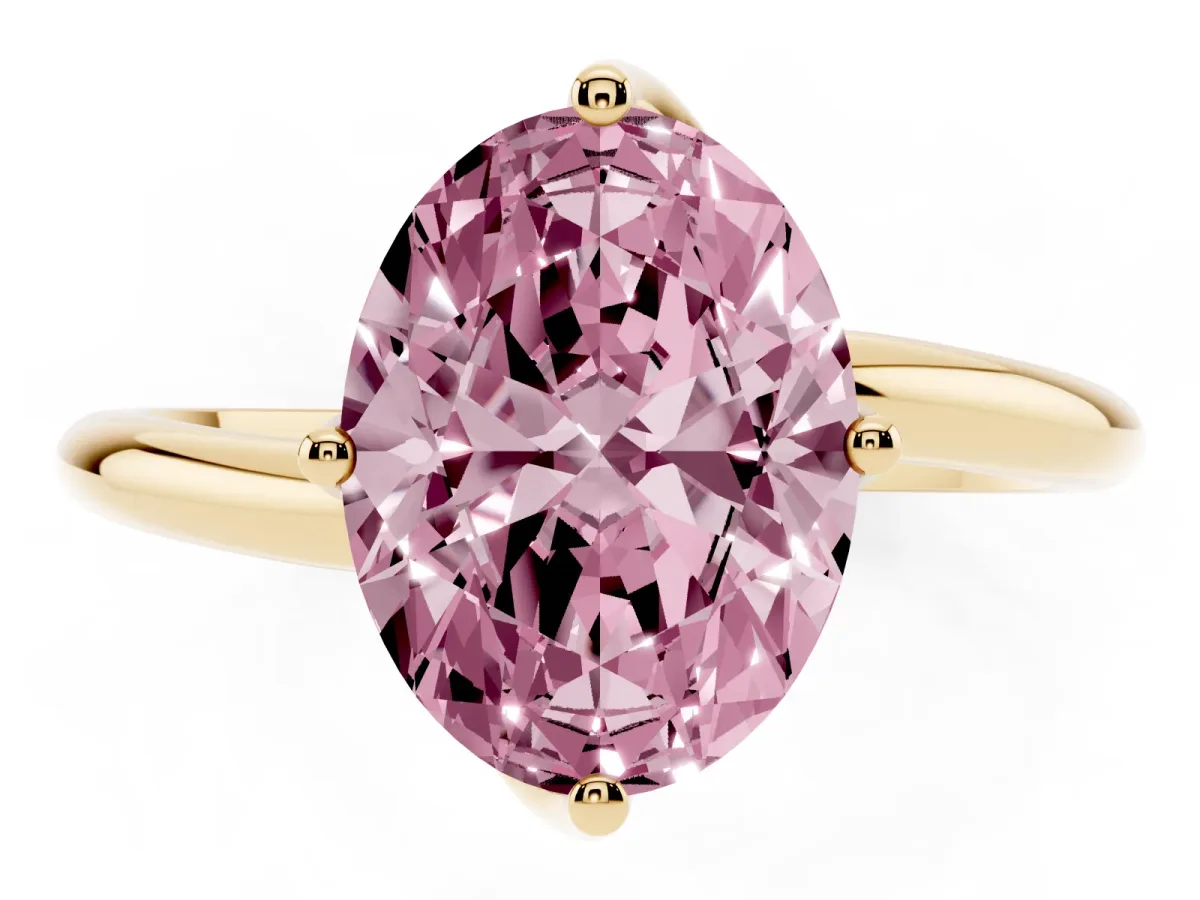 Fancy Pink Oval Cut Diamond Solitaire Engagement Ring with Four-Prong Setting and Classic Band Yellow gold