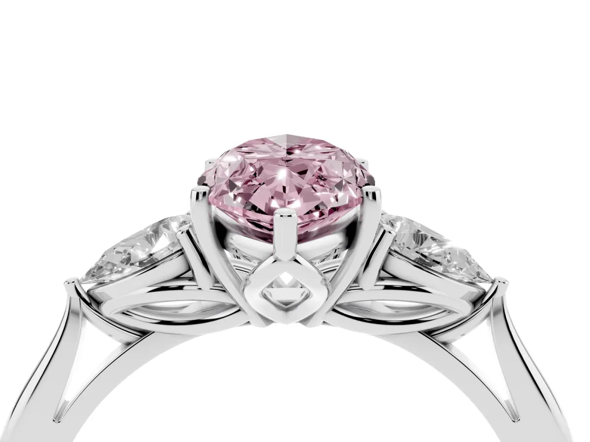 Fancy Pink Three-Stone Marquise Cut Diamond Ring with Pear Side Stones in Four-Prong Setting Silver