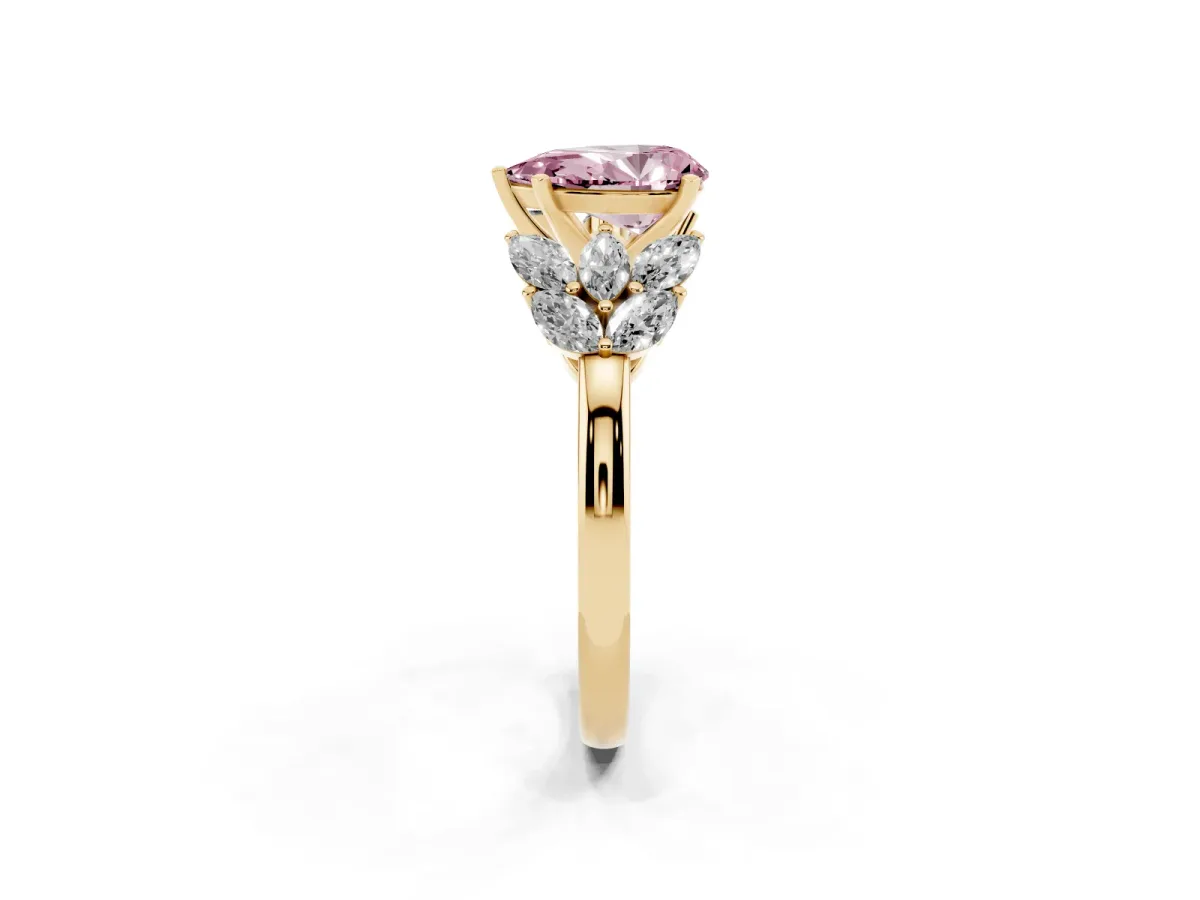 Fancy Pink Pear Cut Diamond Cluster Leaf Design Ring with Prong Setting Yellow gold