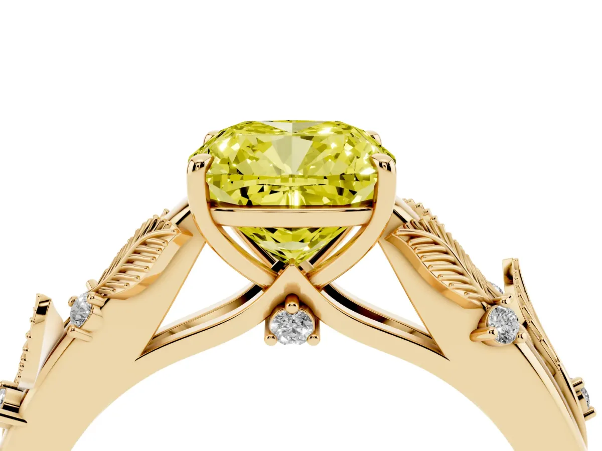 Fancy Yellow Cushion Cut Diamond Solitaire Ring with Leaf Motif Band and Four-Prong Setting Yellow gold